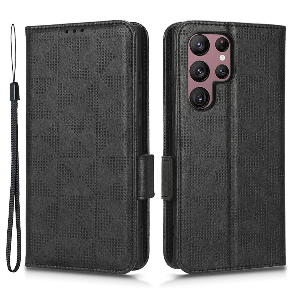 For Samsung Galaxy S23 Ultra Anti-Fingerprint Imprinted Triangle Pattern Phone Cover PU Leather Wallet Stand Mobile Phone Case with Wrist Strap For Samsung Galaxy S23 Ultra Anti-Fingerprint Imprinted Triangle Pattern Phone Cover PU Leather Wallet Stand Mobile Phone Case with Wrist Strap